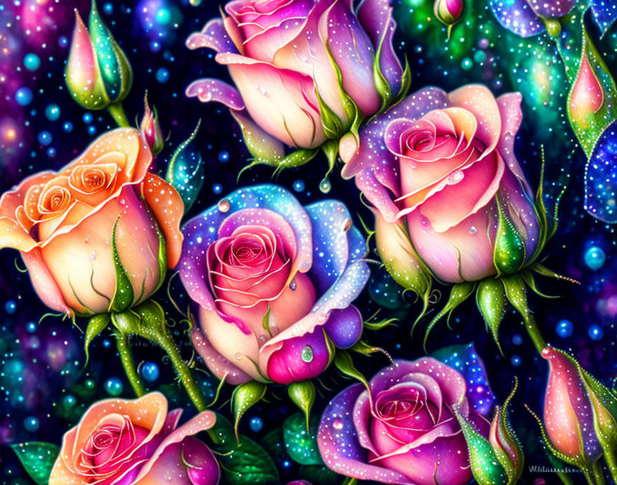 Colorful Digital Art: Roses on Cosmic Sparkling Background