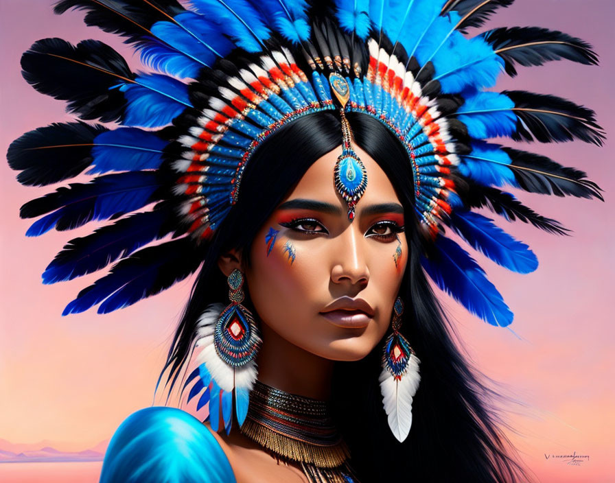 Vibrant Native American headdress on woman in digital illustration