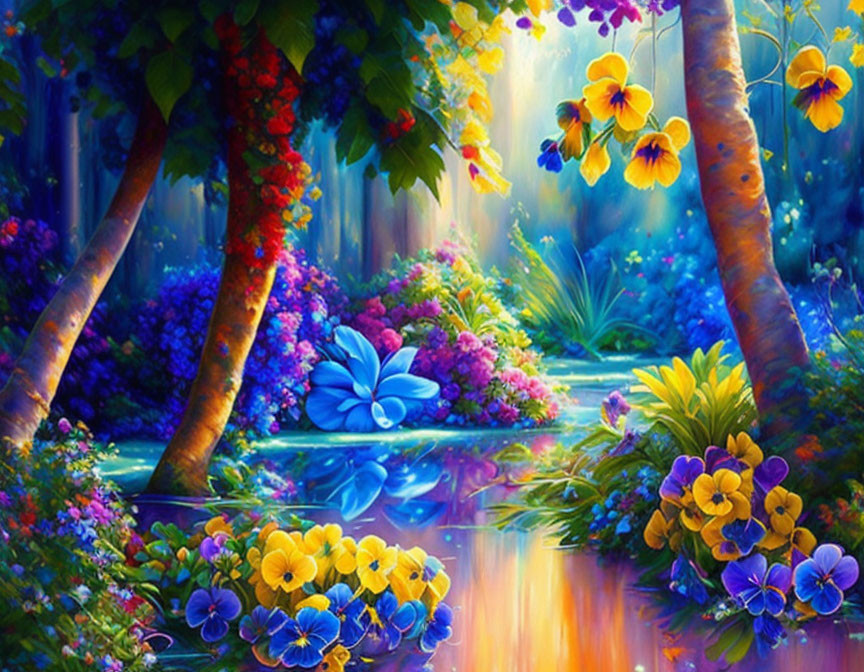 Colorful Forest Scene with Flowers, River, and Sunlight