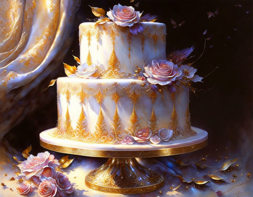 Elegant three-tiered cake with golden accents and pink roses on stand