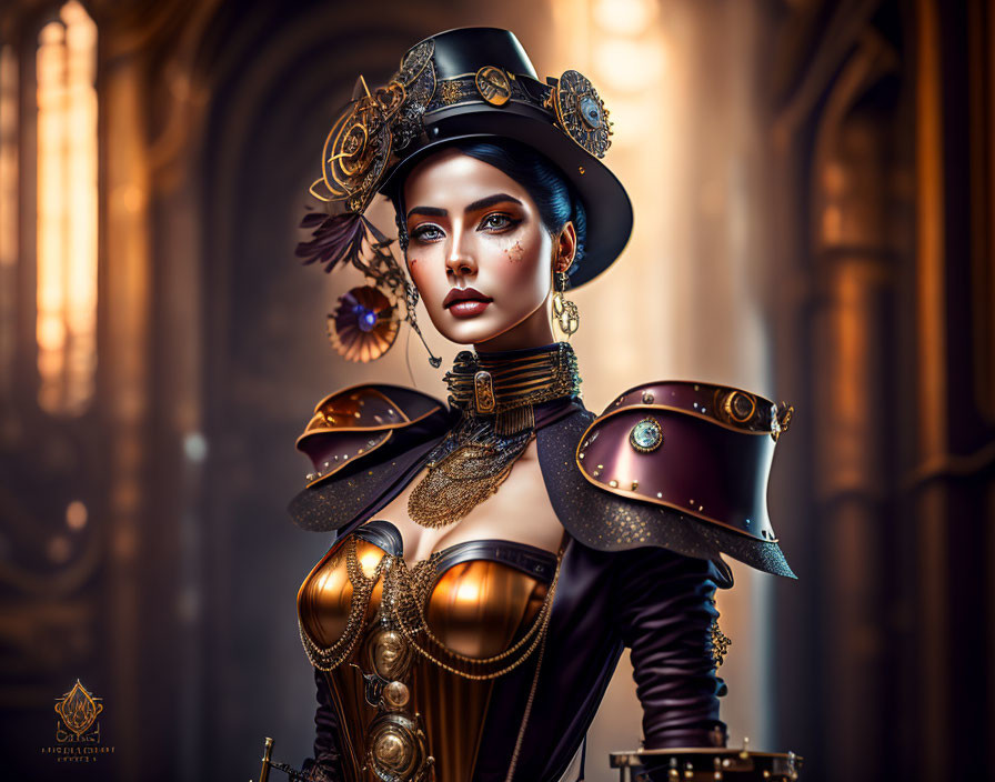 Elaborate steampunk outfit with golden shoulder armor in cathedral setting