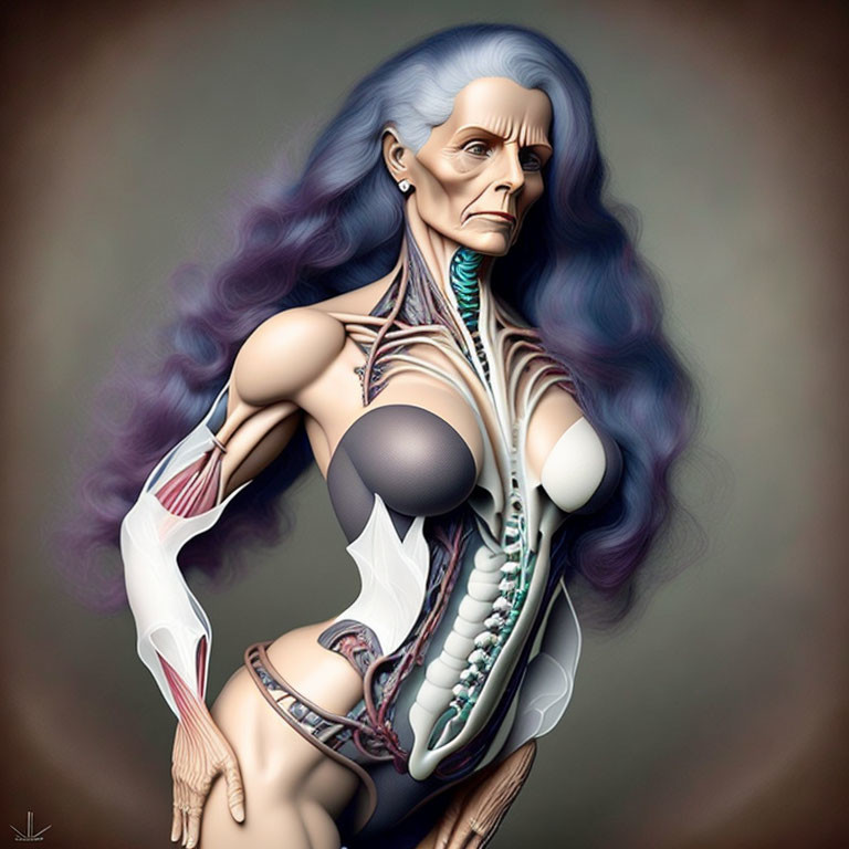 Half-skeletal, half-muscular humanoid with blue hair and dark clothing in detailed anatomy representation