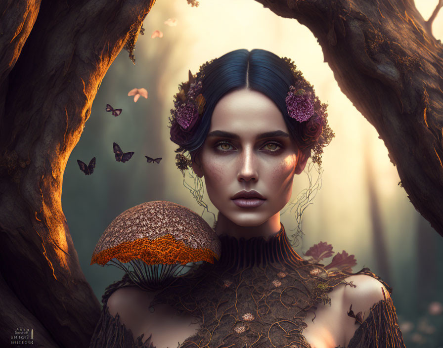 Digital Artwork: Woman with Blue Eyes and Flowers in Mystical Forest