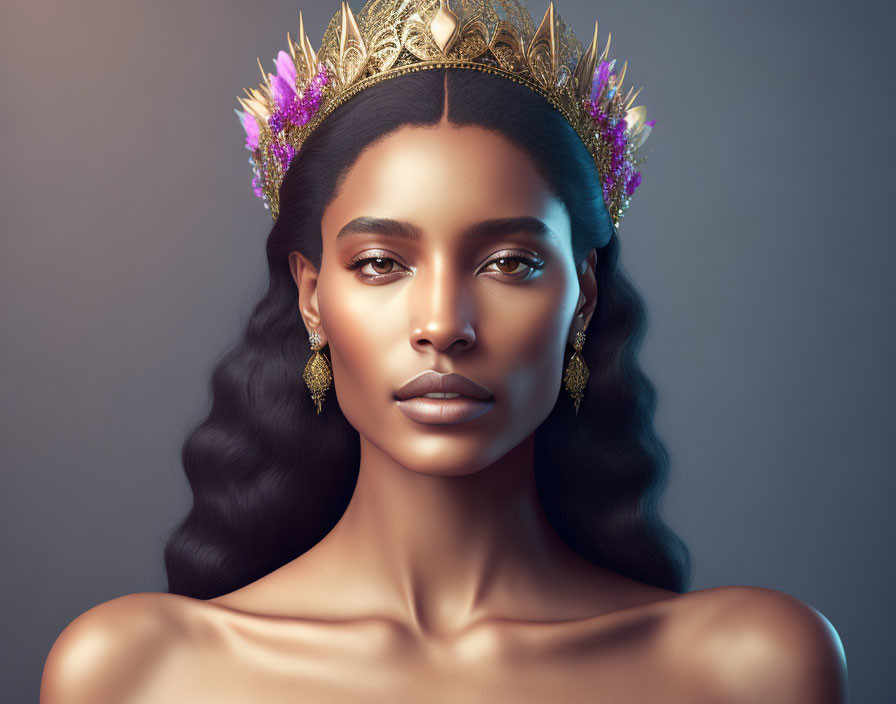 Regal woman with gold crown and purple crystal adornments on gray background