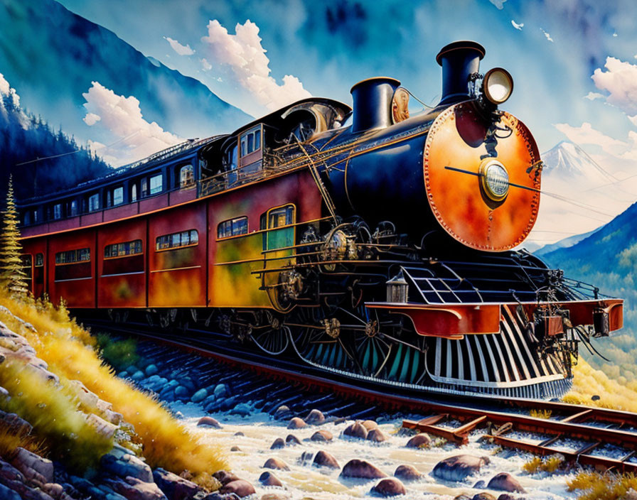 Colorful steam locomotive painting in mountain landscape