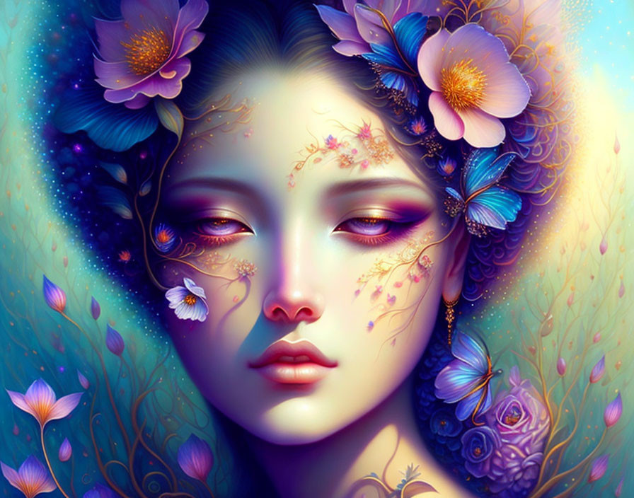 Detailed digital art portrait: Woman with floral and butterfly adornments in rich purples and blues