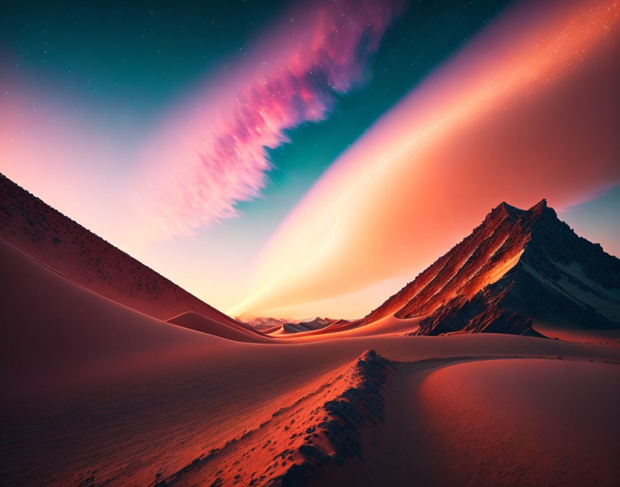 Colorful desert sunset with sand dunes and distant mountain under vibrant sky