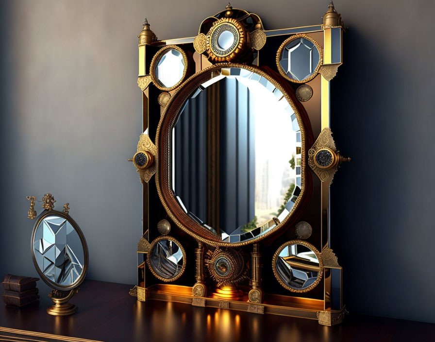 Steampunk-Inspired Mirror with Gears and Metallic Embellishments