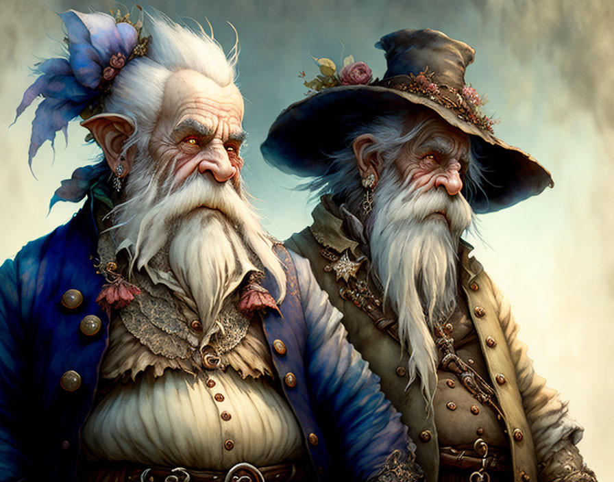 Illustrated elderly men in renaissance attire with white beards and decorative hats