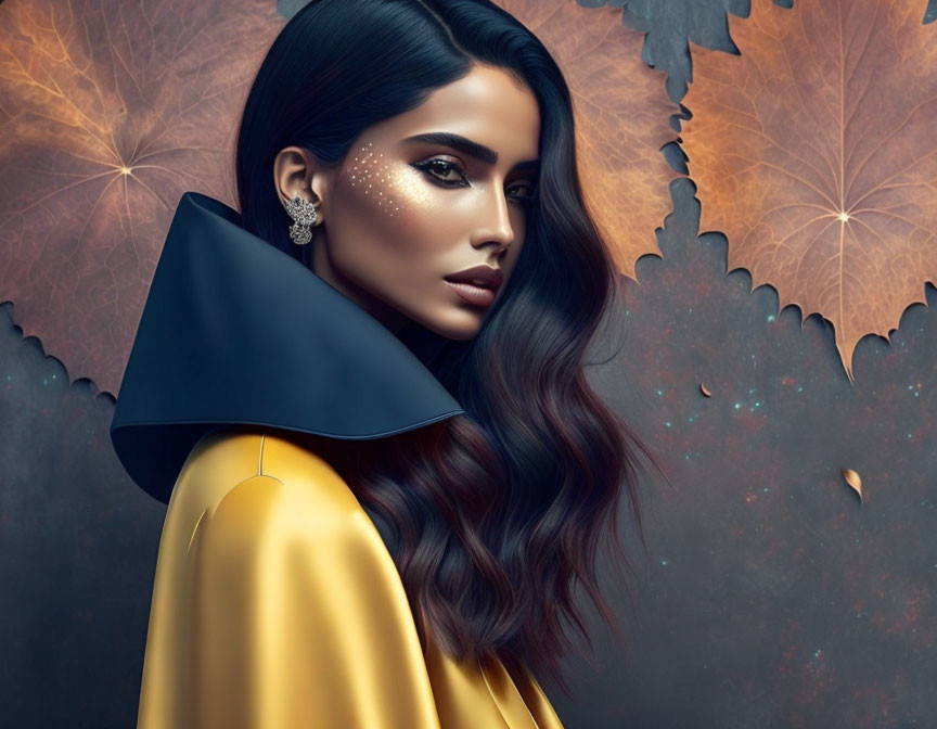 Digital artwork of woman with dark hair, golden sparkles, yellow garment, black collar, autumn leaves