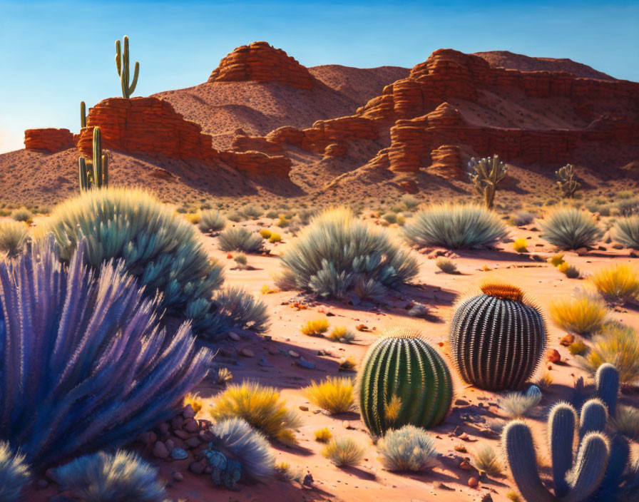 Various Cacti in Desert Landscape with Red Rock Formations