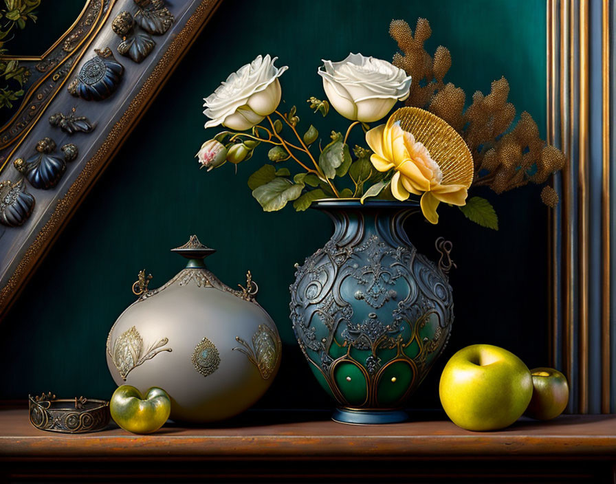 Decorative still life with blue vase, white roses, ornate jar, golden flower, green apples