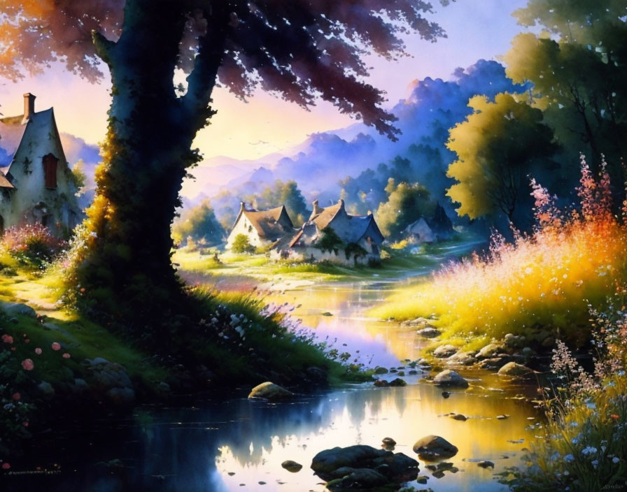 Tranquil village painting: stream, thatched-roof cottages, vibrant flowers, large tree