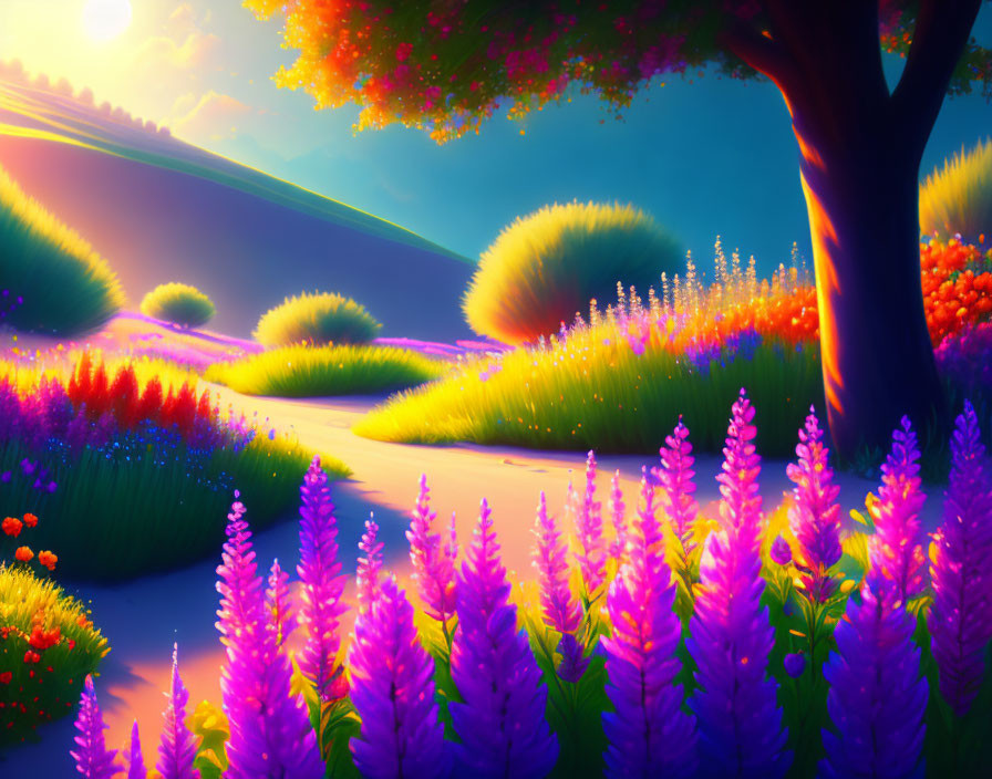 Colorful Digital Artwork: Whimsical Landscape with Rolling Hills and Blooming Flowers