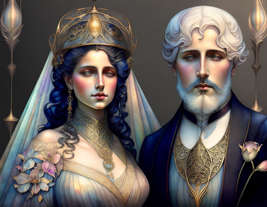 Regal couple in luxurious period attire with golden crown and wavy white hair