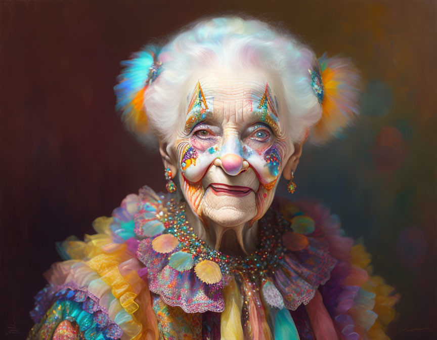 Elderly Woman in Colorful Clown Makeup and Festive Costume