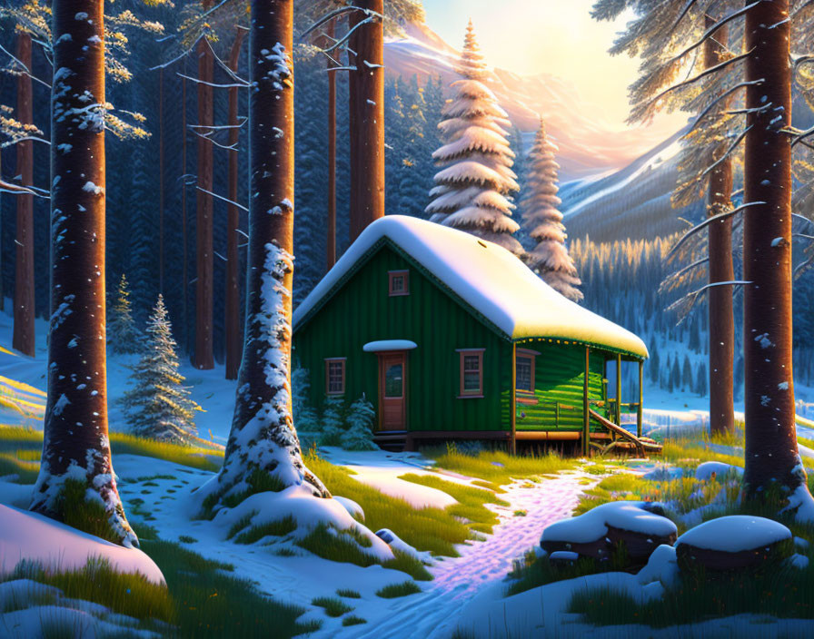 Snow-covered forest cabin surrounded by tall pines and golden light