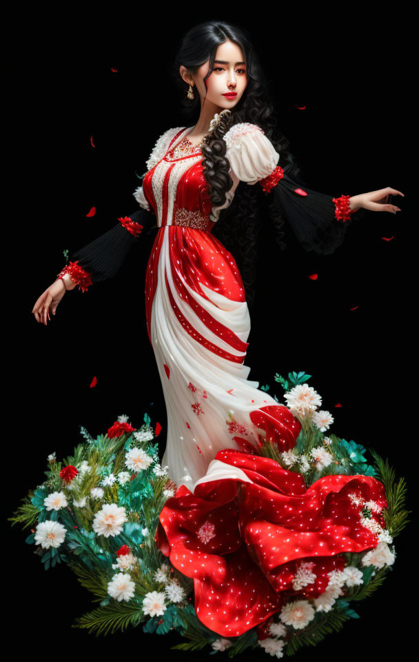 Woman in Red and White Floral Costume on Black Background