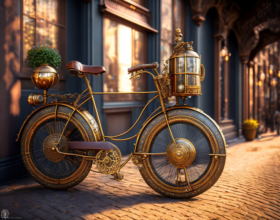 Vintage Ornate Bicycle with Lantern on Cobblestone Street by Old Building