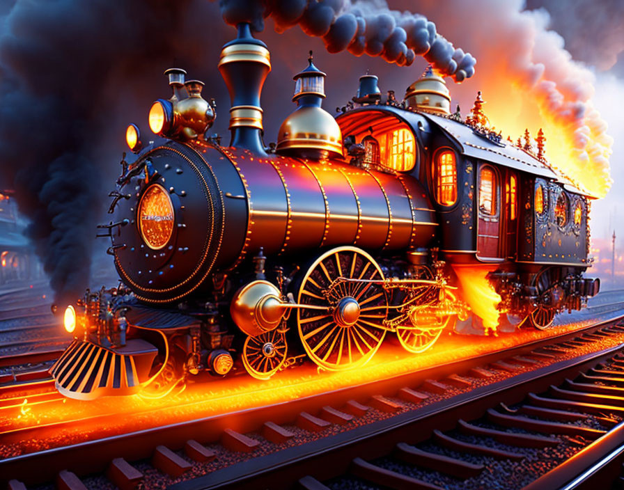 Steampunk train with golden details and fiery flames against twilight sky