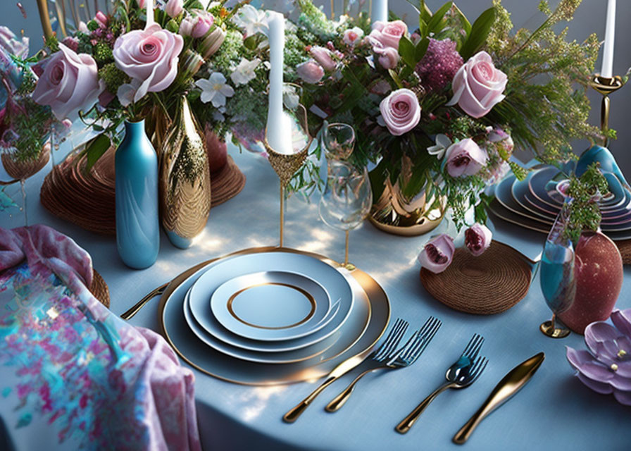 Sophisticated Dining Table Decor with Pastel Roses and Blue & Gold Dinnerware