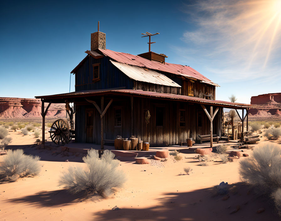 Rustic two-story wooden building in arid desert landscape