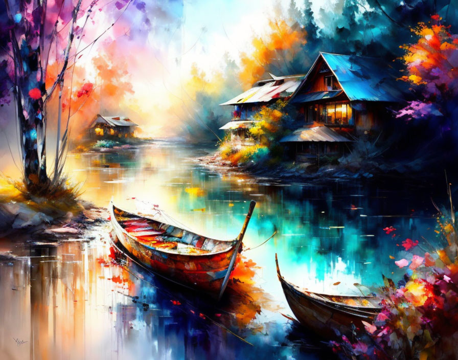 Colorful lakeside painting with canoe and houses in an impressionistic style