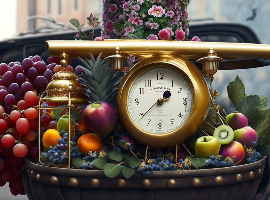 Golden clock on fruit basket with fresh fruits and flowers