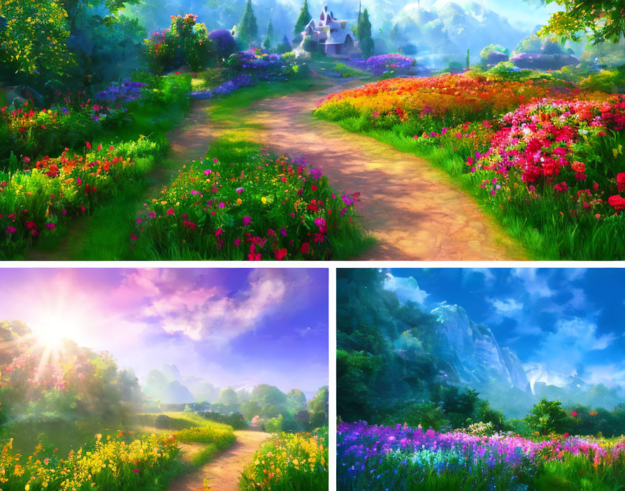 Colorful Collage of Flower-Lined Landscapes with Sunlit Clearings