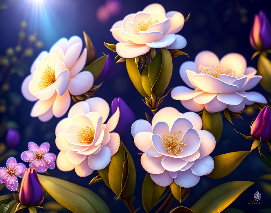 Vibrant glowing magnolia flowers in digital artwork