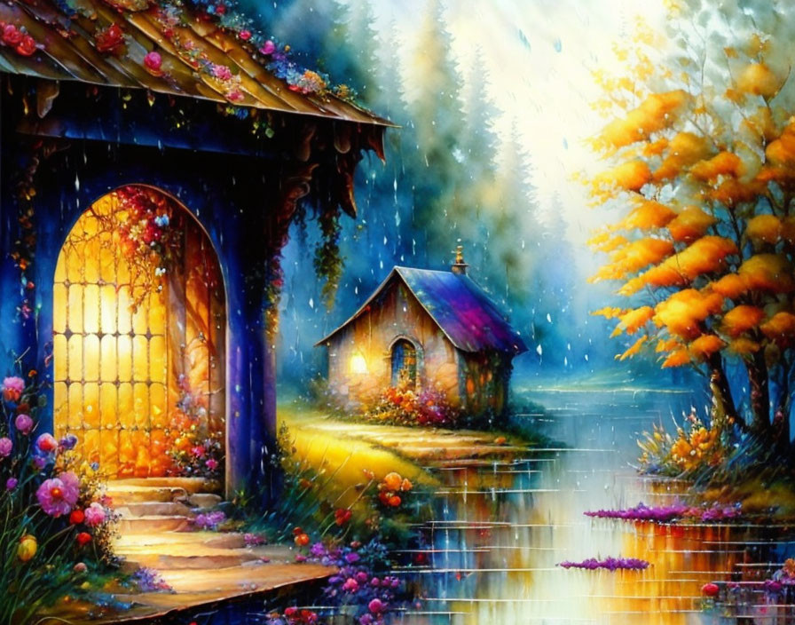 Colorful Cottage Painting with Glowing Door Amid Nature Scenery