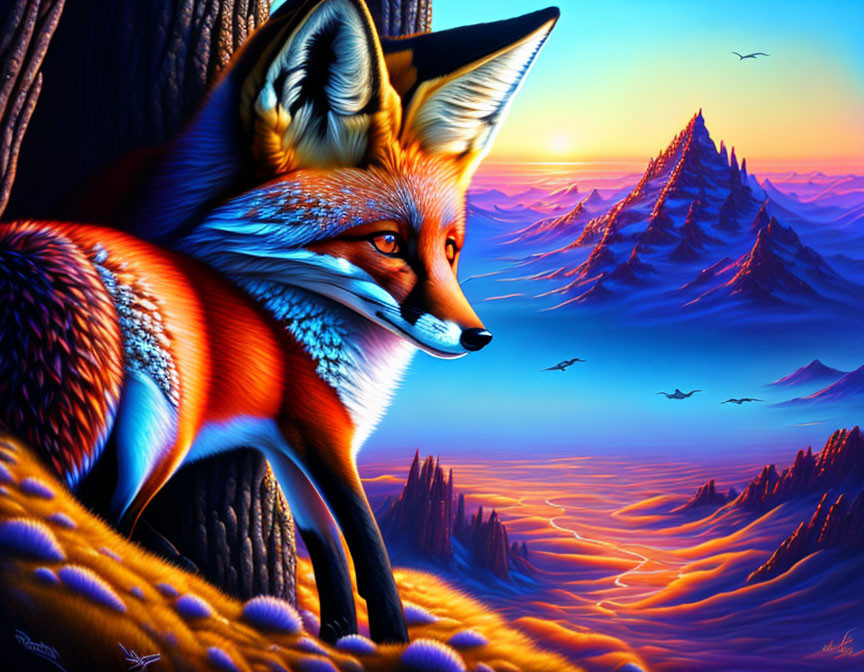 Vivid orange fox illustration in fantasy landscape