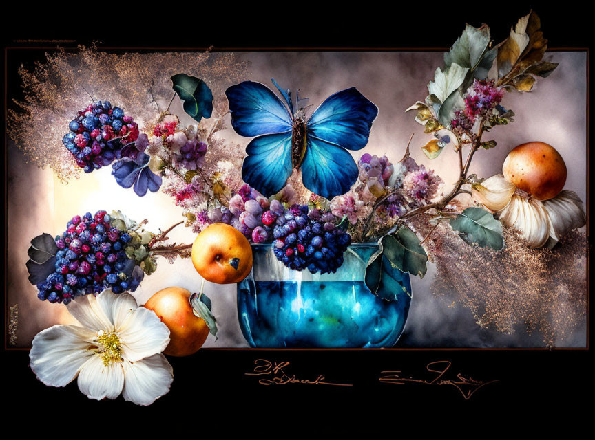 Colorful still life: blue butterflies, grapes, flowers, and fruit on textured dark background