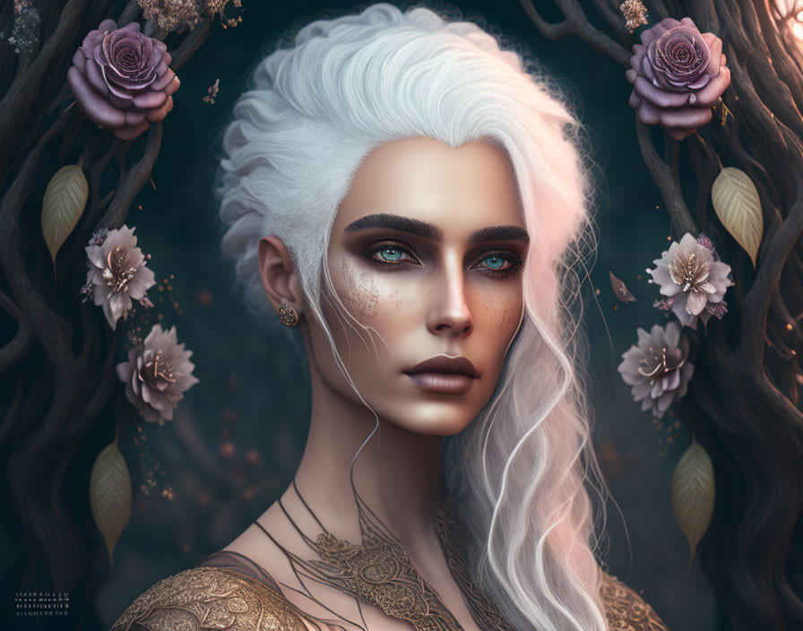 Fantasy female digital art with white hair, green eyes, floral and wooden elements, detailed tattoos.