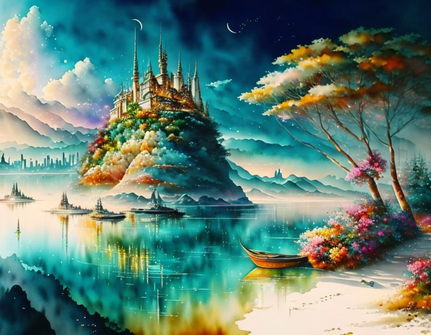 Colorful fantasy landscape with floating castle, vibrant flora, serene lake, and dazzling sky.