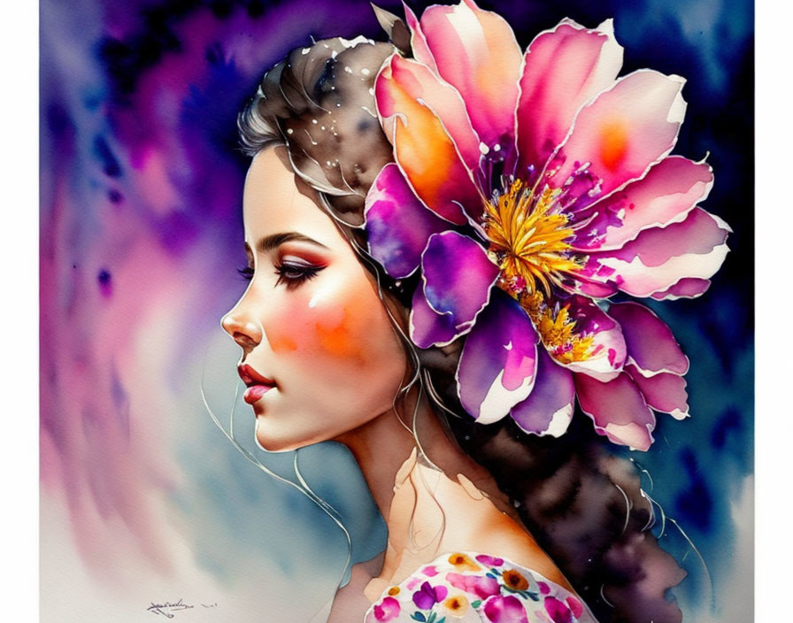 Colorful watercolor painting of woman with flower in hair & floral patterns.