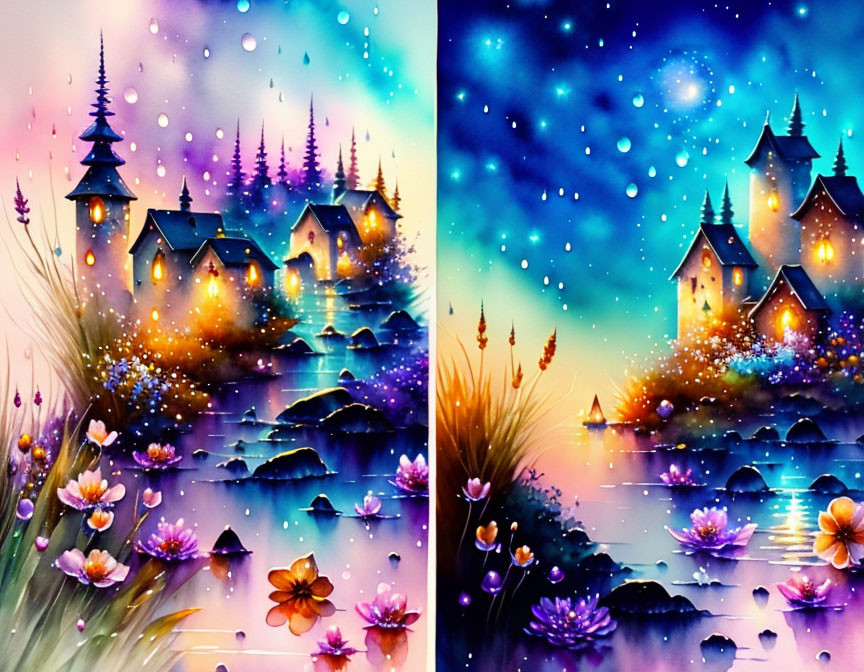 Colorful painting of whimsical village at dusk with starry sky