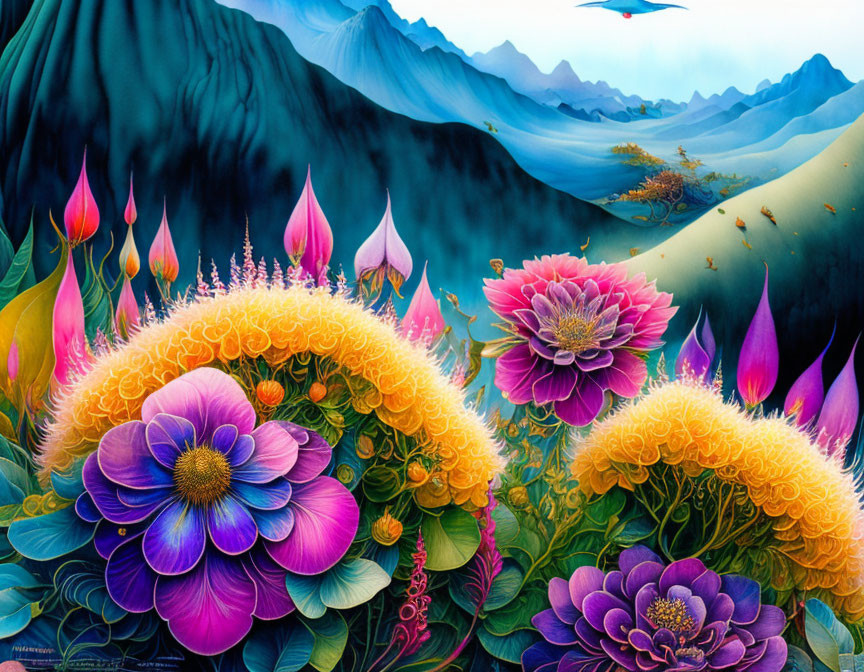 Colorful Fantastical Flower Painting with Mountainous Scenery