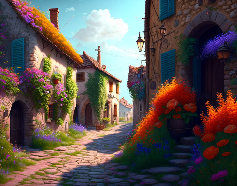 Charming cobblestone street with colorful houses and flowers