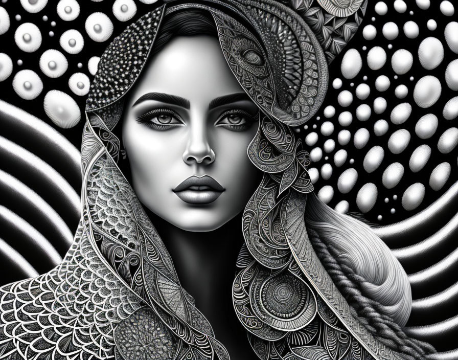 Detailed Black and White Woman Illustration with Intricate Patterns