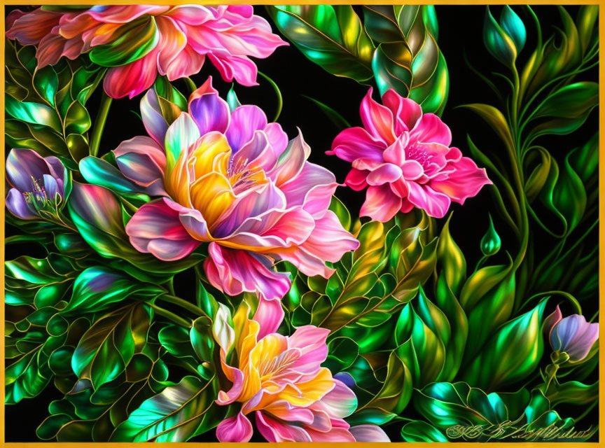 Colorful digital art: Blooming flowers with glowing petals on dark background