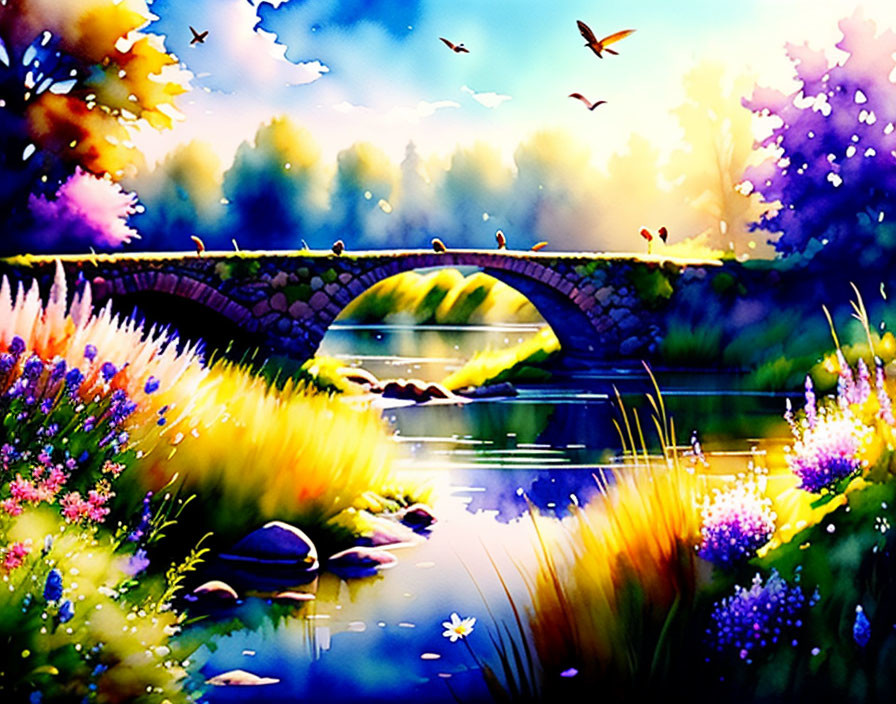 Scenic landscape with stone bridge, river, flowers, birds, and sunny ambiance