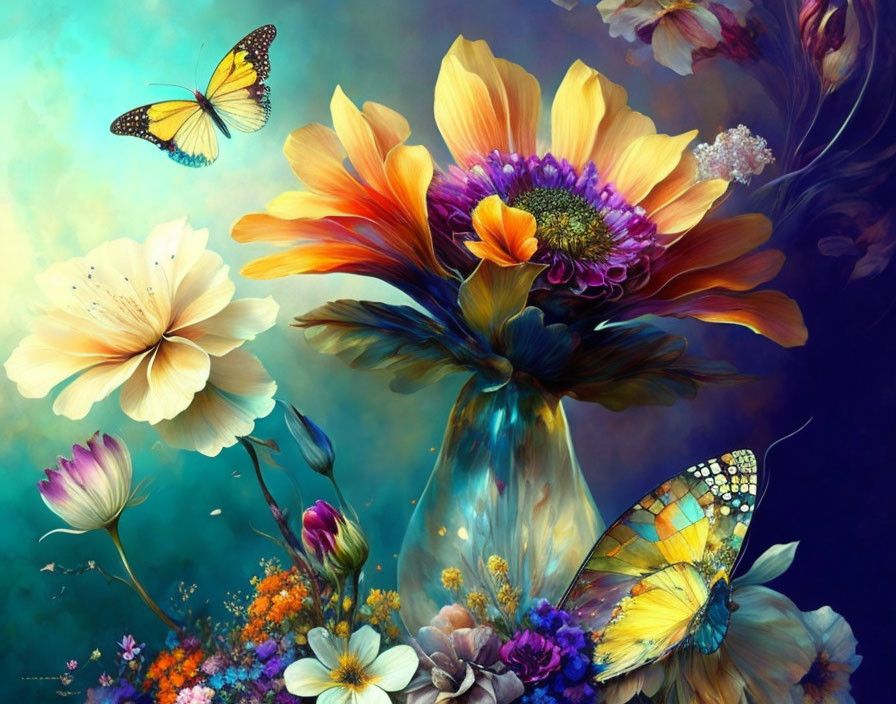 Colorful Flower Bouquet with Butterflies on Teal and Blue Background