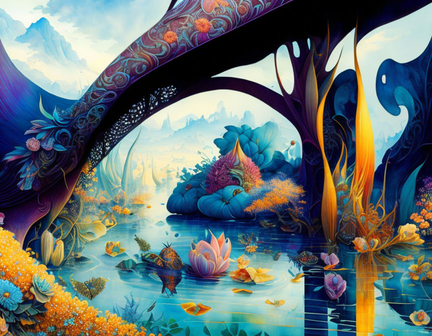 Colorful fantasy landscape with diverse flora, water reflections, and distant mountains under blue sky