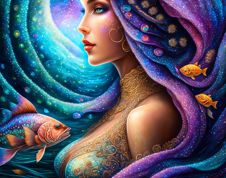 Colorful cosmic-themed illustration of a woman with flowing starry hair and fish swimming around her