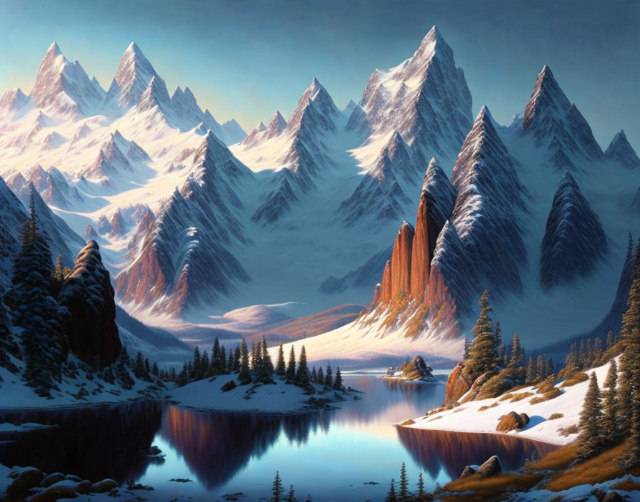 Snow-capped mountain peaks, calm lake, evergreen trees - serene landscape scene