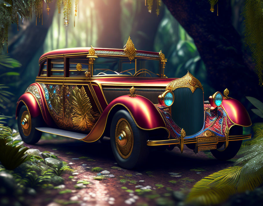 Vintage car with golden trim in mystical forest setting