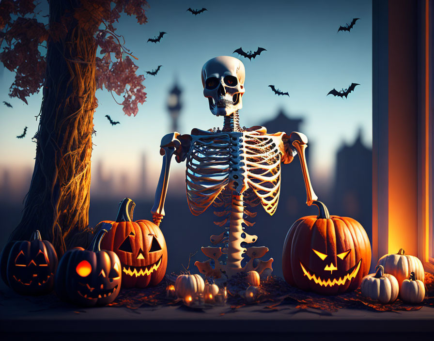 Spooky skeleton with jack-o'-lanterns in twilight scene