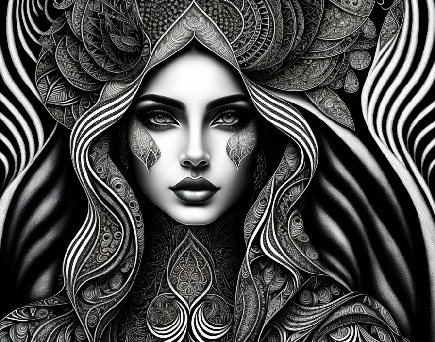 Monochromatic digital artwork of woman with ornate patterns and mandala headdress