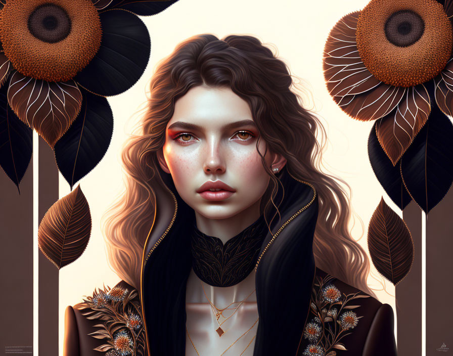 Digital portrait of woman with wavy hair, sunflower motifs, black jacket, golden necklace, autumn